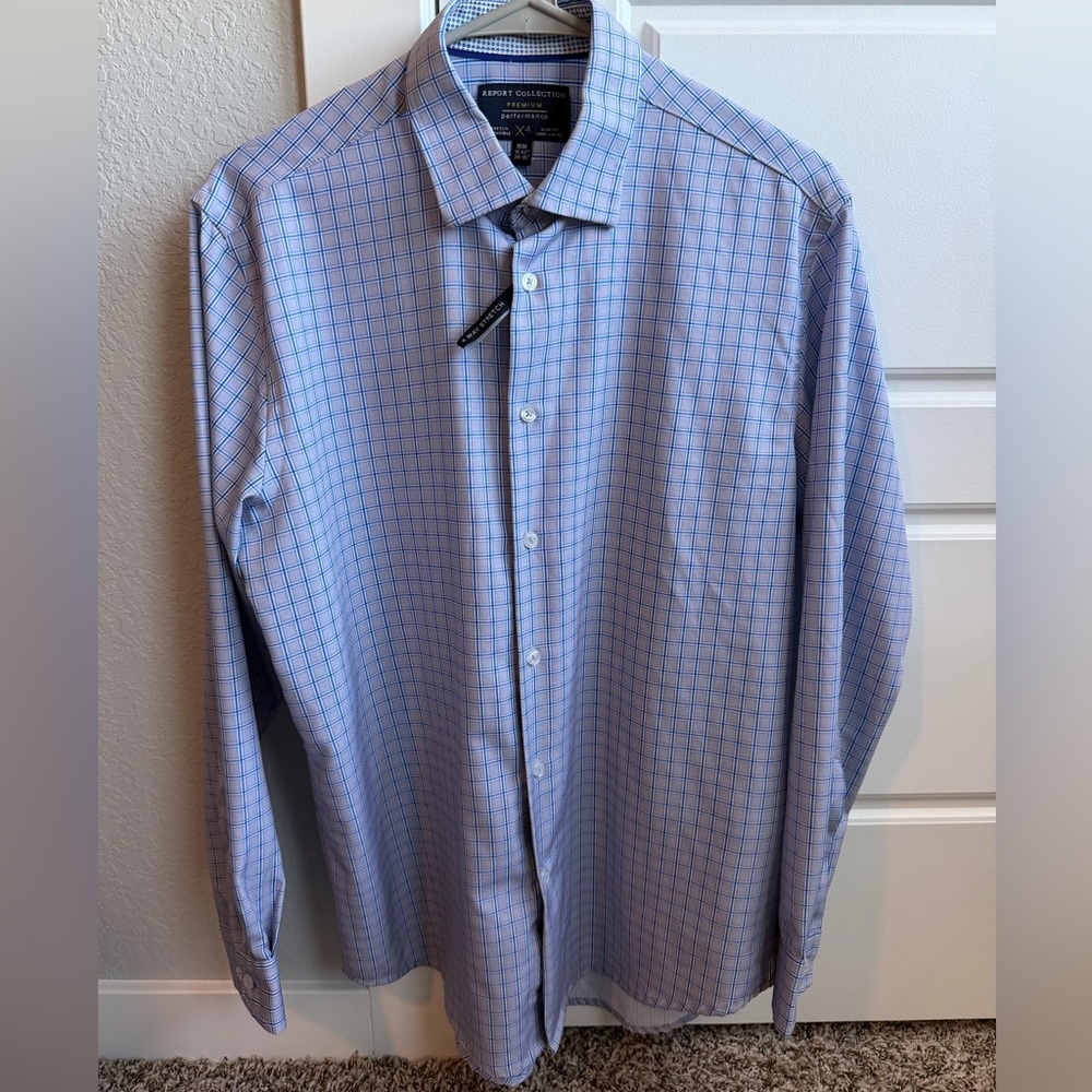 Report Collection Blue and White Check Dress Shirt